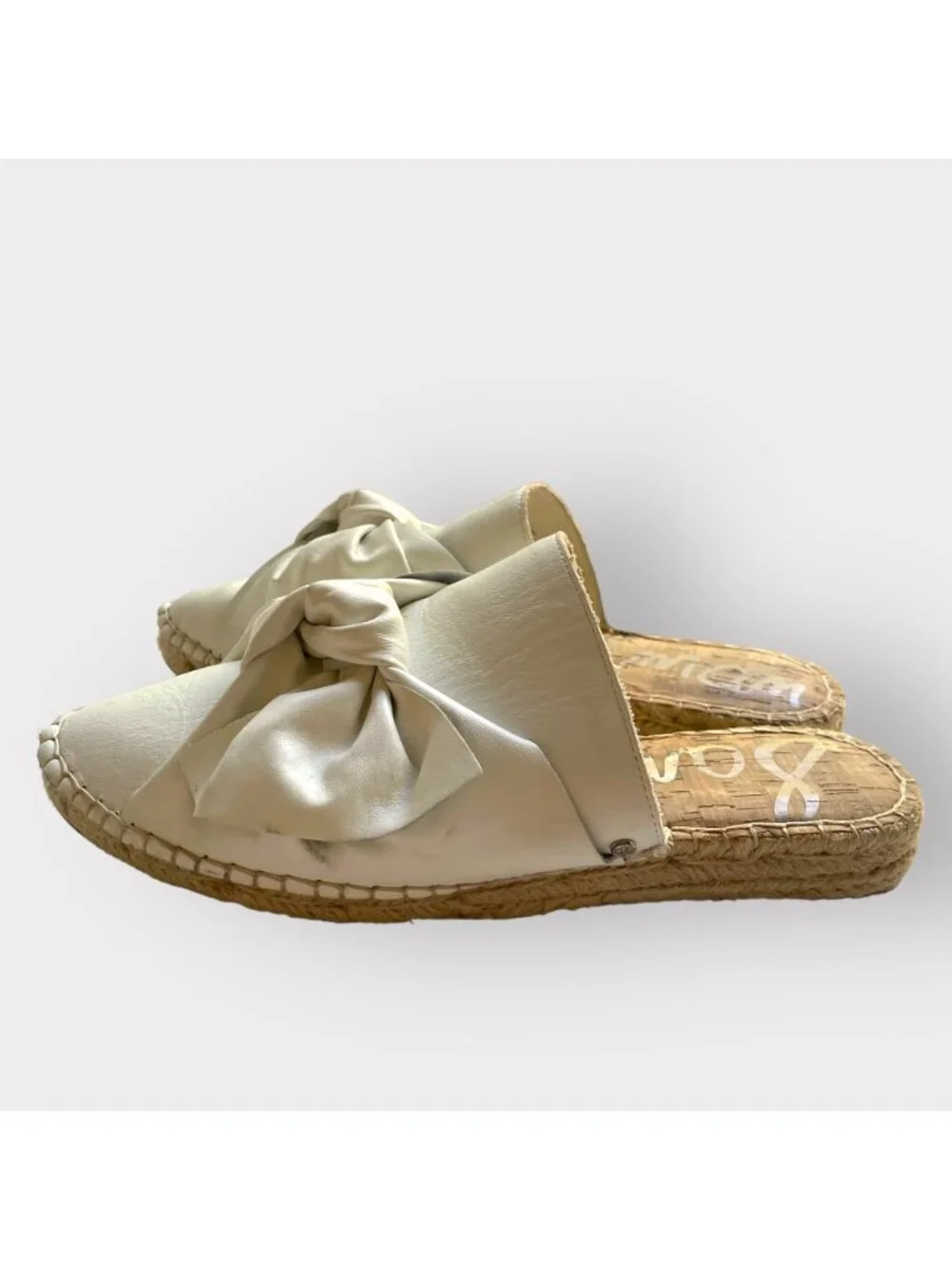 Sam Edelman Size 7.5 White Lynda Leather Bow Espadrille Slide Sandals Mule Shoes